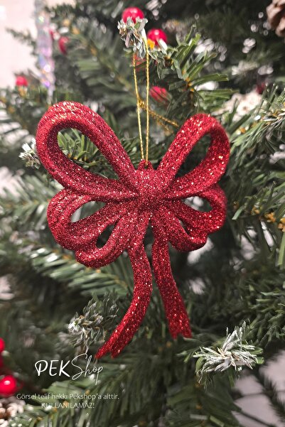 PEKSHOP Glittery Red Large Bow Christmas Tree Ornament Red Single Luxury Christmas Ornament