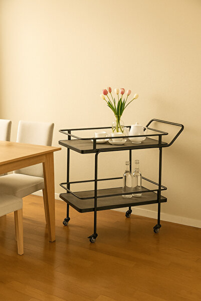 MARIA HOMES Industrial Gray Metal Serving Trolley with Wheels – 2-Tier Bar Cart 83×40×80 cm