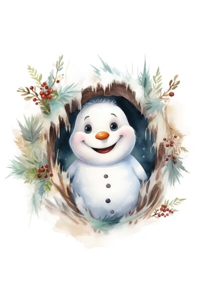 OEM Autocolant — om de zăpadă vesel într-o peșteră, vinil PVC, bordură albă, ...