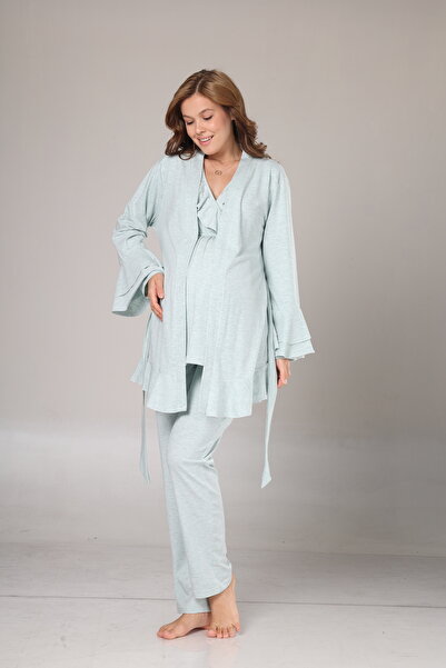 Rimel Homewear Melanj Double Breasted Collar Long Sleeve Maternity Pajama Set with Dressing Gown