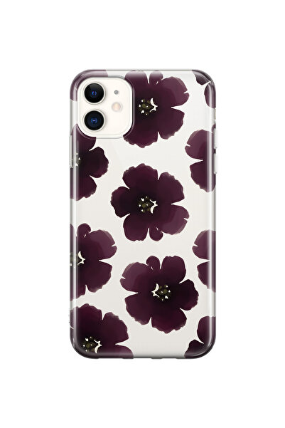 FLAMENKO iPhone 11 Mor Çiçek Desenli Şeffaf Telefon Kılıfı