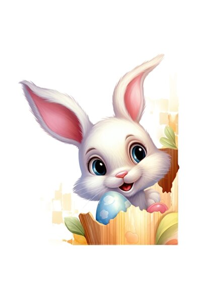 OEM Autocolant cu un iepuraș alb, ilustrație, ouă pictate, Paște, frunze, natură, borduri albe, PVC