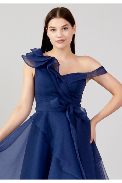 1way Blue ruffle one shoulder evening dress