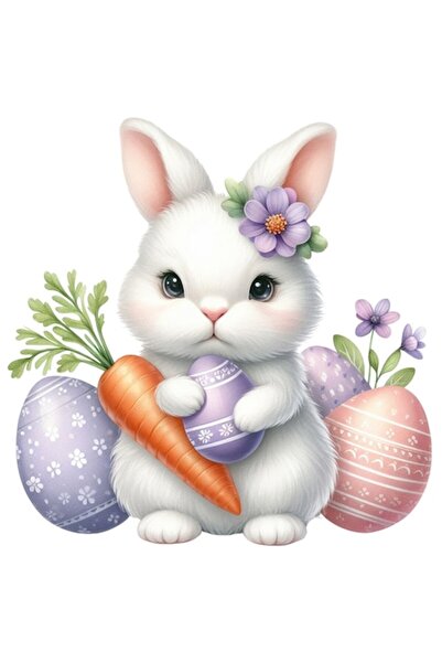 OEM Autocolant din vinil PVC — Iepuraș ținând un ou pictat, 10 cm, margini albe