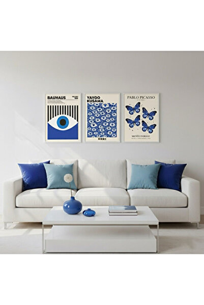 Linacci Set de 3 tablouri cu cadru metalic alb cu sticlă cu ochi de fluture albastru