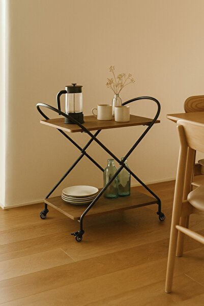 MARIA HOMES عربة تقديم معدنية بنية مدمجة - عربة بار ذات مستويين بعجلات 72×40×78 سم