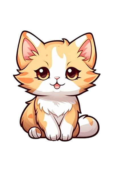 OEM Autocolant pisică desen animat, blană aurie, 15 cm, vinil PVC, margini albe