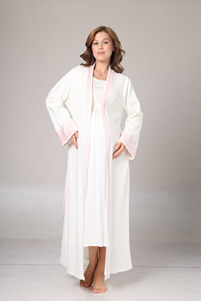 Rimel Homewear Kışlık Kendinden Desenli Şerit Detaylı Sabahlıklı Lohusa Gecelik Takımı