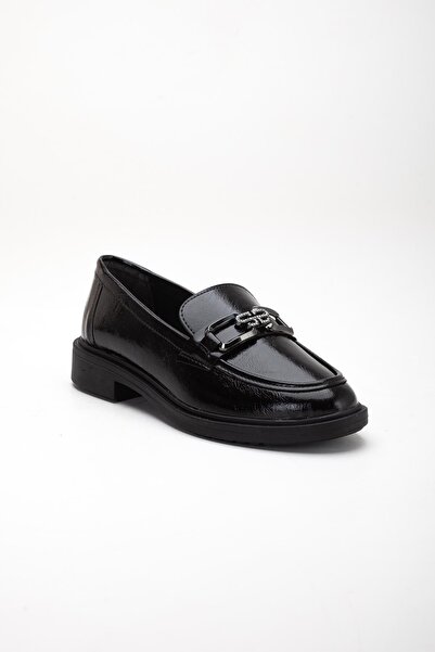 Dilimler Ayakkabı Black Women's Loafer Casual Shoes Wrinkled Patent Leather with Buckle