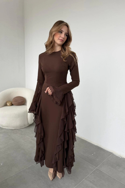 HELİS BUTİK Ruffle Detail Brown Dress