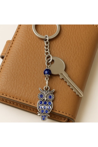 PUFO Feng Shui amulet keychain for protection and luck, owl pattern, blue