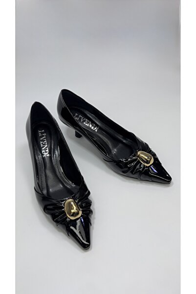 Genel Markalar Kadın Siyah Rugan Altın Tokalı Sivri Burun İnce Topuklu Şık ve...