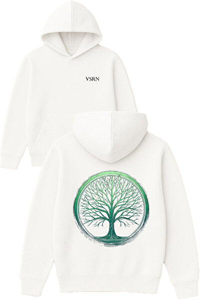 VSRN تصميم الشجرة الخضراء مطبوع قصة فضفاضة سويت شيرت أبيض بغطاء رأس