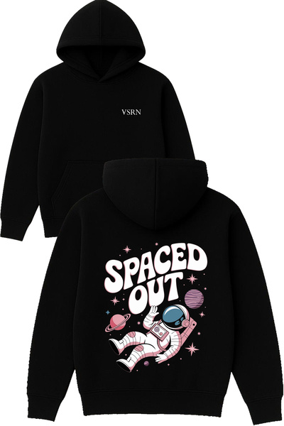 VSRN Hanorac negru supradimensionat cu glugă, cu imprimeu design  "Spaced Out "