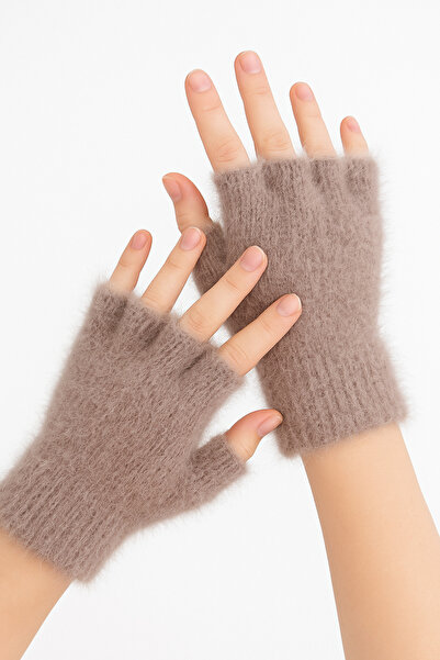 Butik Lila Peluş Kışlık Kesik Parmak Eldiven (STANDART)
