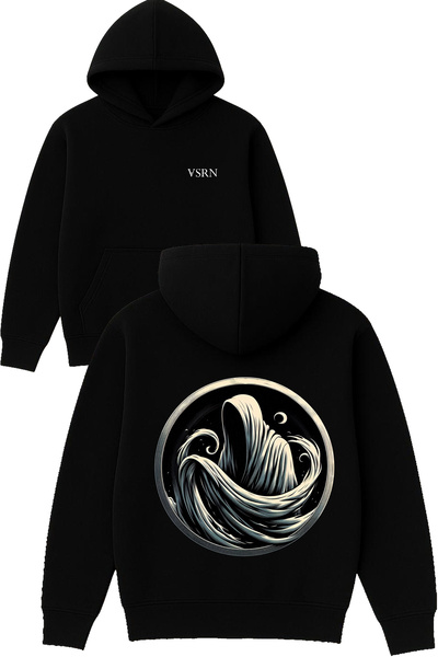VSRN Hanorac negru supradimensionat cu glugă, imprimat cu design Ghost 1