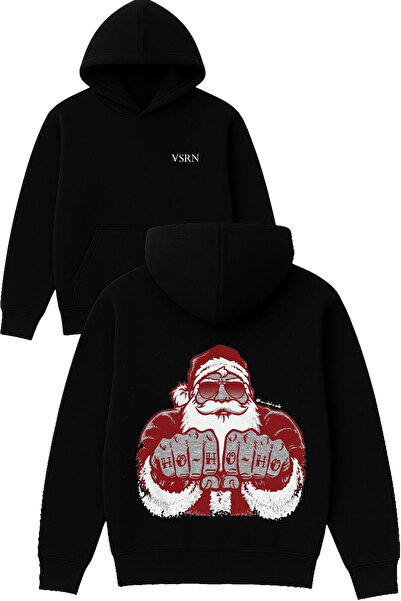 VSRN هورو سانتا كلوز تصميم مطبوع قصة فضفاضة سويت شيرت أسود بغطاء رأس