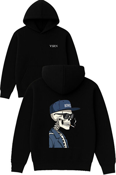 VSRN Hanorac negru supradimensionat cu glugă și imprimeu Bones Design