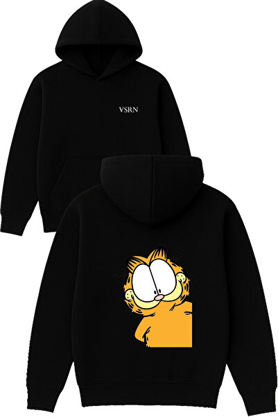 VSRN تصميم غارفيلد مطبوع قصة فضفاضة سويت شيرت أسود بغطاء رأس