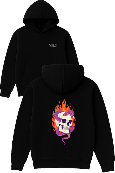VSRN تصميم جمجمة الثعبان مطبوع قصة فضفاضة سويت شيرت أسود بغطاء رأس