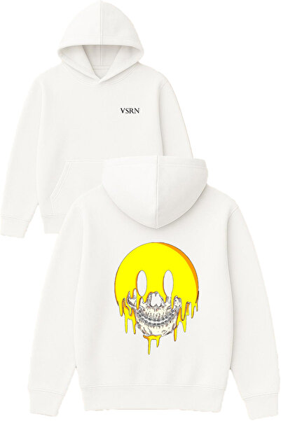 VSRN تصميم جمجمة الإيموجي مطبوع قصة فضفاضة سويت شيرت أبيض بغطاء رأس