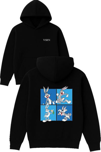 VSRN Hanorac negru supradimensionat cu glugă, cu imprimeu Bunny Design