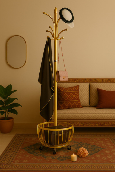 Un علاقة ملابس ذهبي بسلة تخزين سفلية وعجلات متحركة طول 172 سم