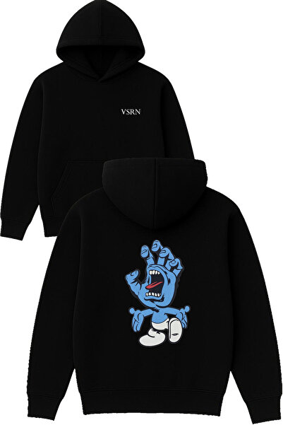 VSRN تصميم يد الوحش الأزرق مطبوع قصة فضفاضة سويت شيرت أسود بغطاء رأس