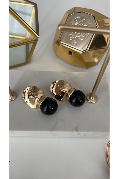 SU PERİSİ TAKI BİJUTERİ Gold Siyah Top Detaylı Küpe