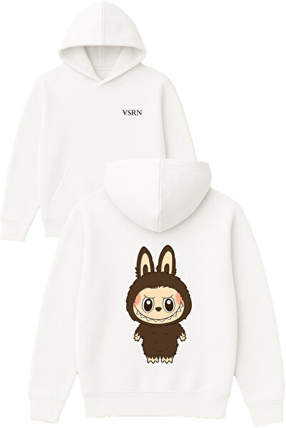 VSRN تصميم لابوبو براون مطبوع قصة فضفاضة سويت شيرت أبيض بغطاء رأس