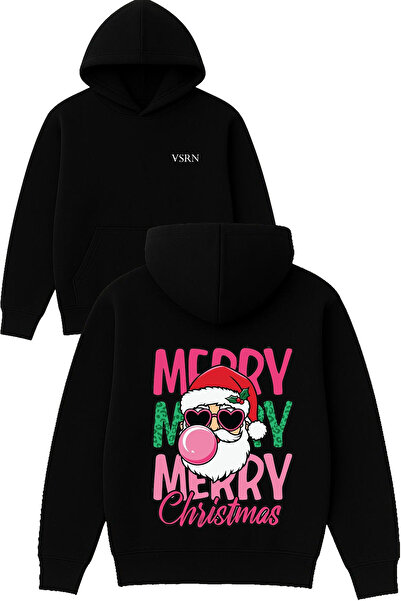 VSRN تصميم ميري نويل بابا مطبوع قصة فضفاضة سويت شيرت أسود بغطاء رأس