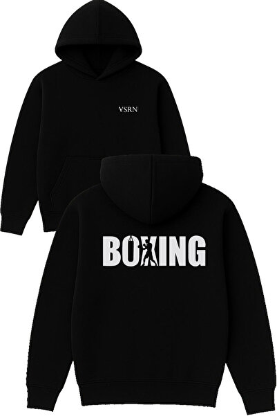 VSRN Hanorac negru supradimensionat cu glugă, cu imprimeu cu design cool de box