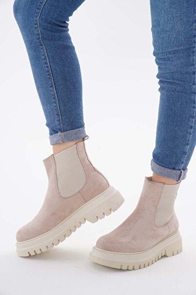 nuvilo حذاء نسائي من جلد الغزال البيج بنعل سميك مطاطي