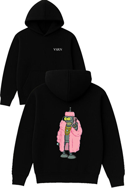 VSRN تصميم كوركلو الوردي مطبوع قصة فضفاضة سويت شيرت أسود بغطاء رأس