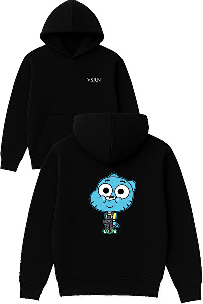 VSRN Şirin Gmbll Design Printed Oversized Black Hooded Sweatshirt