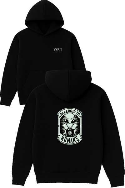 VSRN للإنسانين تصميم مطبوع قصة فضفاضة سويت شيرت أسود بغطاء رأس