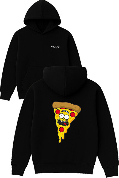 VSRN سويت شيرت بتصميم بيتزا آدم مطبوع قصة فضفاضة أسود بغطاء رأس