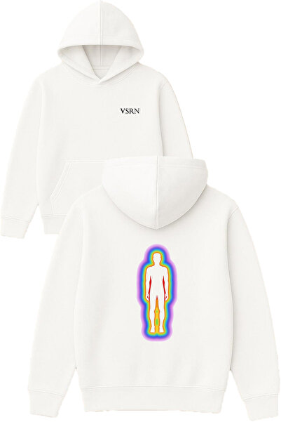 VSRN Hanorac cu glugă alb supradimensionat cu imprimeu Rainbow Man Design