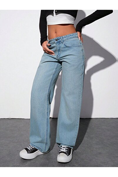 Kadın Wide Leg Jeans High Waist Relax Fit Denim Palazzo -Açık Mavi
