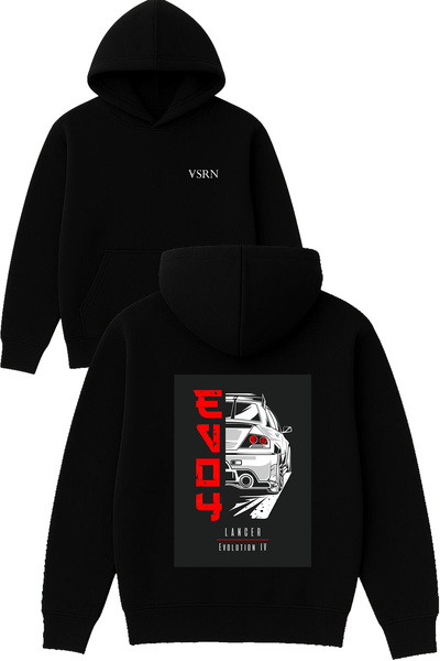 VSRN لانسر ديزاين مطبوع قصة فضفاضة سويت شيرت أسود بغطاء رأس