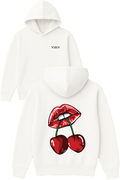 VSRN Hanorac alb supradimensionat cu glugă, imprimat cu design Mouth Cherry