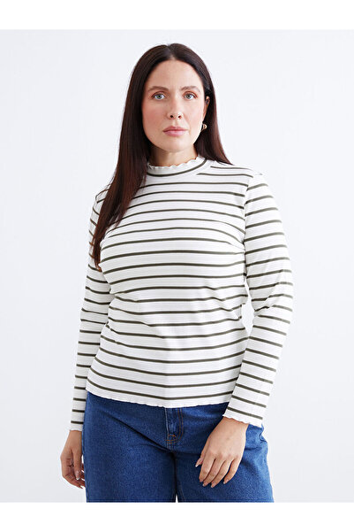 LC Waikiki Green Stand Collar Striped Women's Bodysuit