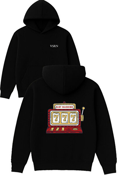 VSRN Hanorac negru supradimensionat cu glugă, cu imprimeu slot design