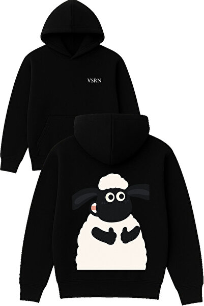 VSRN تصميم الأغنام مطبوع قصة فضفاضة سويت شيرت أسود بغطاء رأس