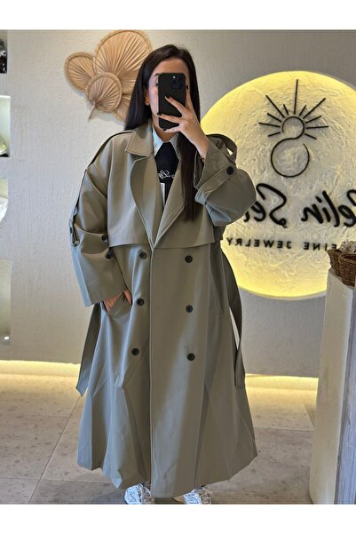 Selin Kruvaze Yaka Kemer Detaylı Uzun Trençkot