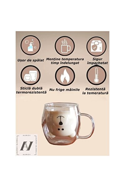 Aurov Set 2 Cani Ursulet pentru Ceai si Cafea din Sticla Termorezistenta, Pereti Dubli, 260 ml,
