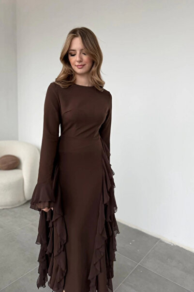 HELİS BUTİK Ruffle Detail Brown Dress