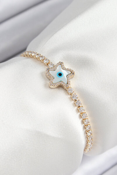 Skygo سوار نسائي من النحاس والزركون بحجر العين النجمي موديل ذهبي اللون - TJ-B...