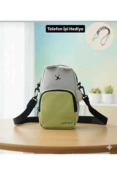 synshop Kawaii Crossbody Korean Canvas Teddy Cat Pen Holder 2-in-1 Use Mobile Phone Bag Pencil Case 20X15