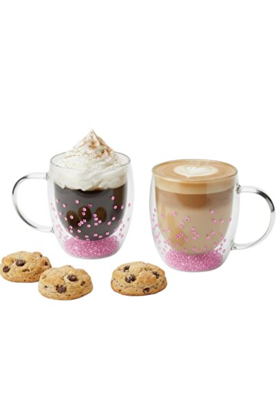 Aurov Set of 2 Double Walled Heat Resistant Glass Tea and Coffee Mugs with Pink Crystals